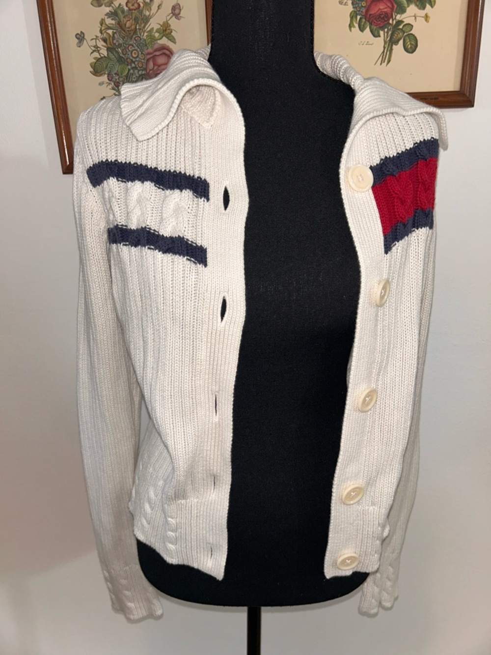 Tommy Hilfiger Ivory Cardigan with Navy and Red Stripe Accents